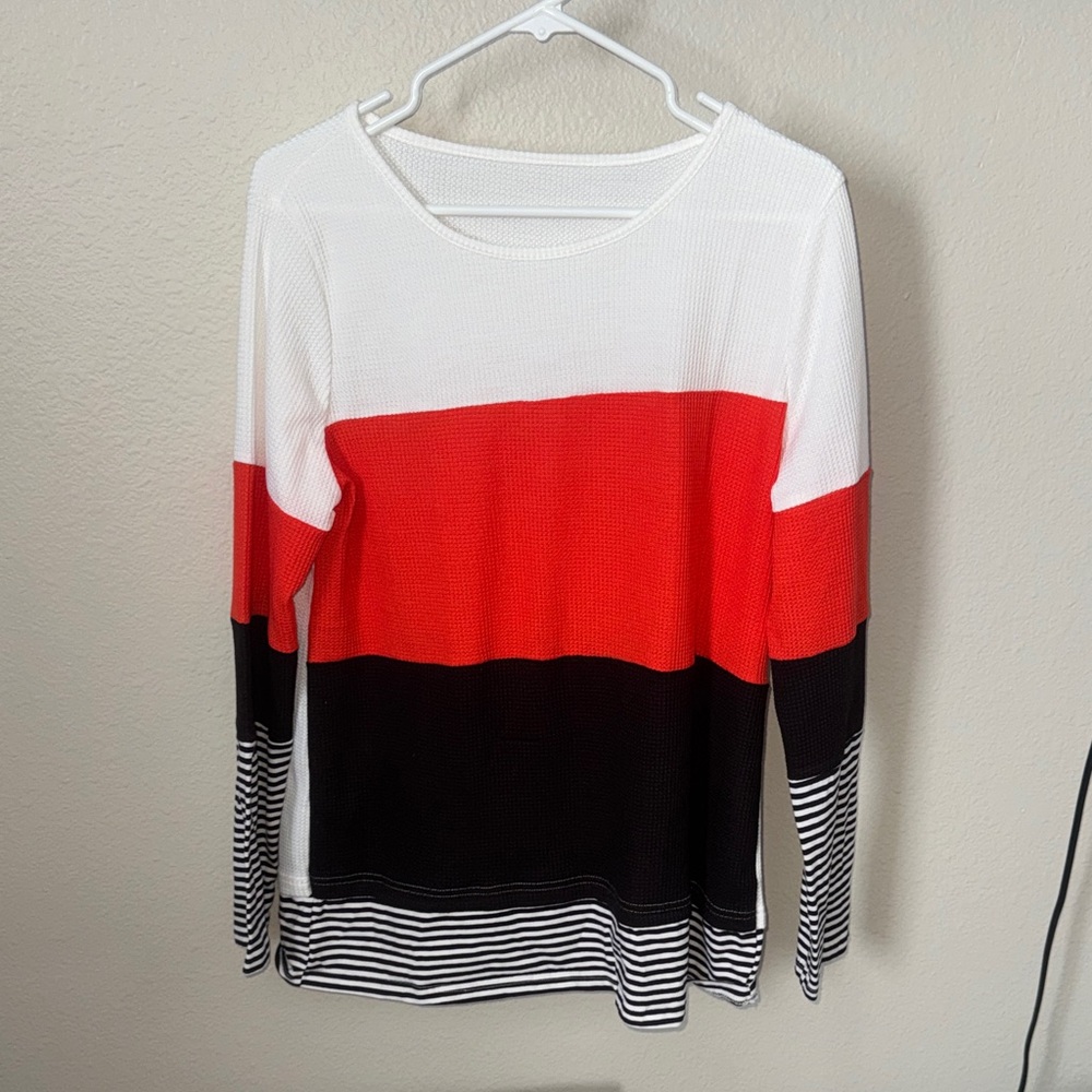 Stylish Colorblock Long Sleeve Top - Red, Black, and White